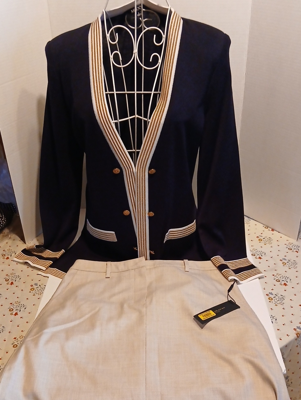 Misook Navy Cardigan with Cream Trim and Gold Buttons